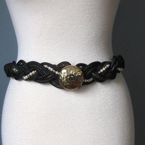 Vintage Accessories - Black Macrame Belt / Vtg 80s / Black Braided with hammered gold medallion pearl